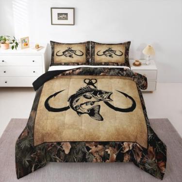 Imagem de Erosebridal Conjunto de edredom solteiro de pescaria, robalo, peixe, peixe, pique, rústico, camuflado, conjunto de edredom e edredom, 2 peças