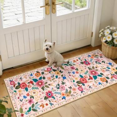 Imagem de RELEANY Tapete floral 5 x 12 cm lavável à máquina tapete boho macio tapete antiderrapante tapete de área de flores de pilha baixa para sala de estar, quarto, berçário, cozinha, sala de jantar