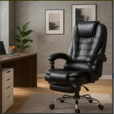 Imagem de Cadeira Escritório Presidente Apoio Para Os Pés Reclinável Ergonômica Em Couro