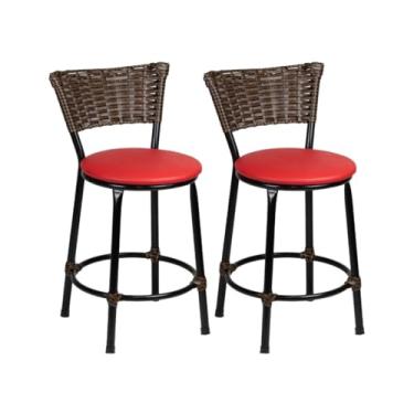 Imagem de Kit de 2 Banquetas Baixas de Junco Chocolate - Fibra Sintética, Ideal para Bar, Cozinha Americana e Espaços Residenciais, Design Prático e Versátil (Vermelho)