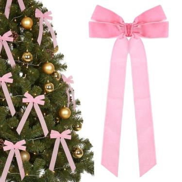 Imagem de CIATBYYJ 12 peças de laços de árvore de Natal de fita de veludo rosa, 12,7 x 25,4 cm, laço de Natal vintage para árvore festa em casa, guirlanda de porta da frente, decoração de férias