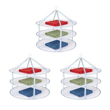 Imagem de yaenoei Pacote com 3 estantes de secagem de suéteres, tela plana, dobrável, secadora de roupa com 3 camadas, com faixa, suporte grande para pendurar roupas de interior, camisetas, roupas de banho e