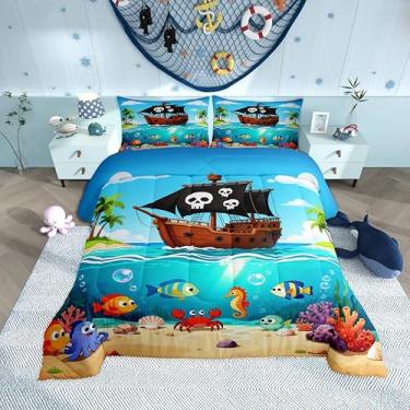 Imagem de Castle Fairy Conjunto de edredom com desenho de navio pirata, peixe, caranguejo selvagem, vida marinha selvagem, céu azul, mar, coqueiros, tropical, conjunto de edredom com 1 fronha, tamanho solteiro