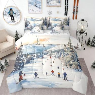 Imagem de Conjunto de edredom solteiro com cenário de esqui, aquarela, neve, montanha, pinheiros, para crianças, adolescentes e adultos (edredom, lençol de cima, lençol com elástico, 2 fronhas, 2 fronhas)