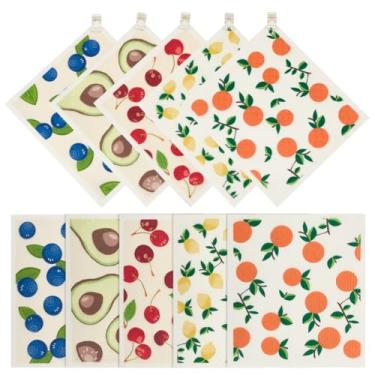 Imagem de MAYJOYDIY Panos de prato suecos para cozinha pacote com 10 toalhas de papel reutilizáveis com tema de frutas com clipes panos de esponja de celulose absorventes esponja de limpeza panos de prato