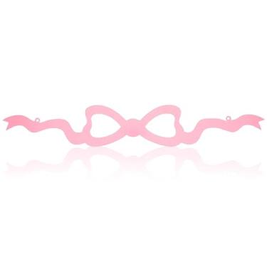 Imagem de Pelopy Decoração de parede de metal com laço rosa arco coquete arte de parede de ferro forjado bonito decoração de quarto rosa horizontal pendurado para quarto, banheiro, cozinha, acima da porta, cama
