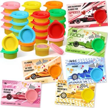 Imagem de Seenelling 24 Sets Valentines Modeling Clay with Cards, Valentine's Day Gift for Teenager, 6 Punch Card Set with Sealed Bags, Valentine Goodies Bag Filler Classroom Gift Exchange(Racing Theme)