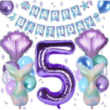 Imagem de Kit de decorações de aniversário com balão número 5, balão de concha e faixa para artigos de festa de verão com tema de aniversário e oceano