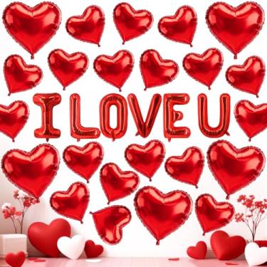 Imagem de Wlicon 32 peças de balões de coração de dia dos namorados balão de coração vermelho I Love U balões de alumínio para festa de casamento, festa de casamento, decoração romântica do dia dos namorados