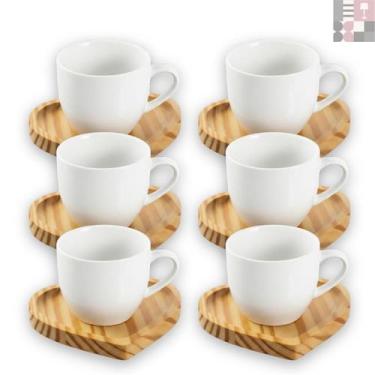 Imagem de Kit Jogo 6 Xícaras de Café Em Porcelana Com Pires Coração Em Madeira P