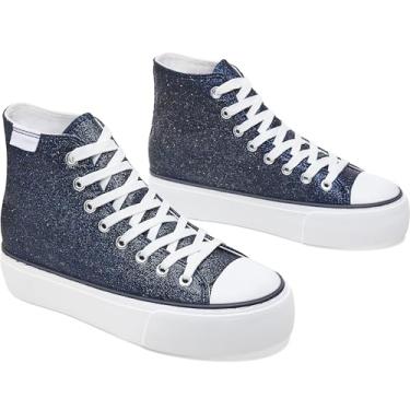 Imagem de ALTOCIS Tênis feminino confortável de plataforma de cano alto, casual de cano médio, tênis moderno de camurça sintética, tênis clássico de caminhada com cadarço, Glitter azul-marinho, 38