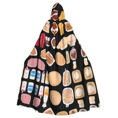 Imagem de Capa longa com capuz estampada em pão e leite com gravata borboleta, perfeita para cosplay, bailes de máscaras e festas temáticas de Páscoa.