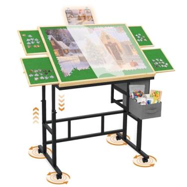 Imagem de Mesa de quebra-cabeça com gavetas × 6.1500 peças de altura ajustável e cinco ângulos para adultos com gavetas, capa, rodas para jogos internos no inverno (verde)