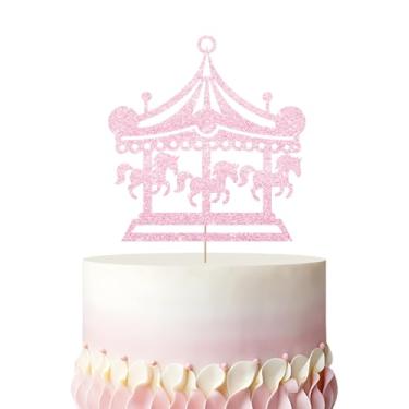 Imagem de Topo de bolo de carrossel, decoração de bolo de chá de bebê de circo, enfeite de bolo de cavalo de carrossel de glitter rosa para meninas e meninos, decoração de festa de aniversário com tema de