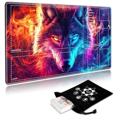 Imagem de Tapete para cartas MTG com bolsa de armazenamento de cartões, base de borracha antiderrapante de superfície lisa, 61 x 35 cm, para amantes de jogos de cartas MTG, lobo colorido