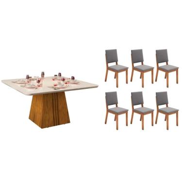 Imagem de Conjunto: Mesa de Cozinha Itália c/ Tampo Madeirado c/ Vidro Curvo 136x136cm e 6 Cadeiras Talia Freijo/Off White - Suede Lunar - DJ Móveis