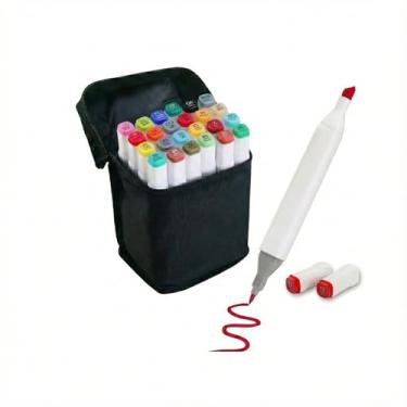 Imagem de Kit Canetas Marcador Permanente Ponta Dupla Álcool 24 Cores Estojo Preto