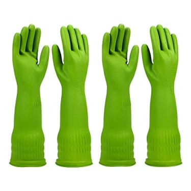 Imagem de Luvas de lavar louça, 2 pares para cozinha, luvas de limpeza de borracha, luvas de prato longas reutilizáveis. (Médio, verde)