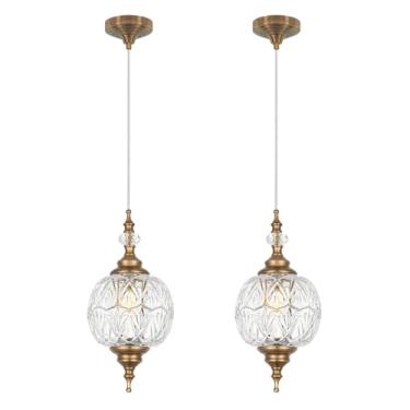 Imagem de Conjunto de 2 luzes pendentes vintage ilha de cozinha, luminária pendente de banheiro de latão com vidro destacável (15 cm), luz de suspensão ajustável clássica moderna para cozinha, corredor, mesa