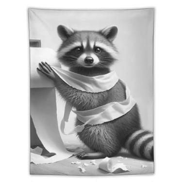 Imagem de Tapeçaria de papel higiênico guaxinim para banheiro preto e branco impressão artística para quarto sala de estar dormitório decoração de casa com design de animal de estimação selvagem brincalhão