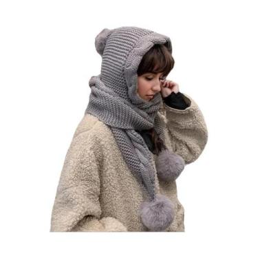 Imagem de Conjunto De Gorro De Lã Térmico Feminino Com Pompom E Cachecol Integra