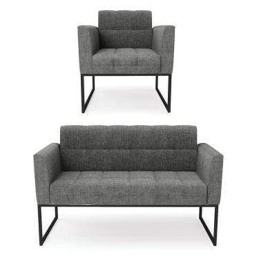 Imagem de Kit 1 Sofá Namoradeira E 1 Poltrona Linho Base Metálica Industrial Preto - D'rossi Cor A26 Grafite