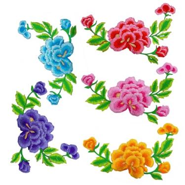 Imagem de Remendos de flores bordados, apliques florais coloridos com folhas verdes, aplique de peônia decorativo costurado a ferro para roupas, vestidos, Cheongsam, artesanato, 5 peças