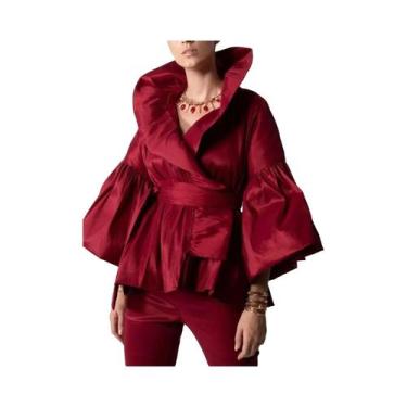 Imagem de Blusa Elegante De Manga Longa Com Rendas Em Cor Sólida, Camisa Com Gol