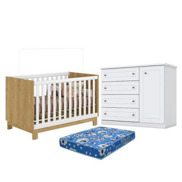 Imagem de Kit Berço Americano Mini Cama Q Encanto Slim MDP Colchão Incluso Freijó Branco Acetinado Qmovi