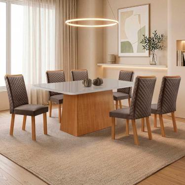 Imagem de Conjunto de Jantar Aida Lira 6 Lugares Tampo MDF com Vidro Serigrafado Veludo Off White 180CM Moderna