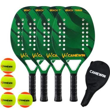 Imagem de Kit 4 Raquetes Beach Tennis Camewin Carbono + 4 Bolinhas, Verde milita