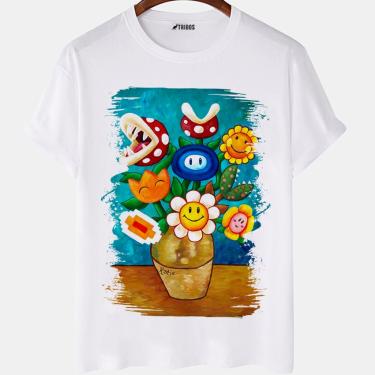 Imagem de Camiseta masculina Plantas Do Mario Pintura Van gogh Camisa Blusa Branca Estampada