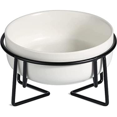 Imagem de Tigela elevada de cerâmica para gatos com suporte de metal, alimentador antiderrapante para animais de estimação, tigela inclinada para alimentação de alimentos e água para gatos, filhotes pequenos, protege a coluna do animal de estimação, antivômitos, pode ir à lava-louças (400 ml - branca)