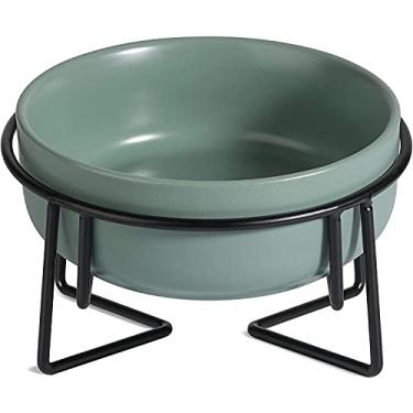 Imagem de Tigela elevada de cerâmica para gatos com suporte de metal, alimentador antiderrapante para animais de estimação, tigela inclinada para alimentação de alimentos e água para gatos, filhotes pequenos, protege a coluna do animal de estimação, antivômitos, pode ir à lava-louças (400 ml - verde)