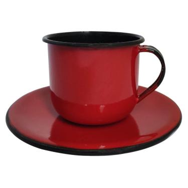 Imagem de Caneca Esmaltada Xícara Com Pires Para Chá Café 180ml Vermelha
