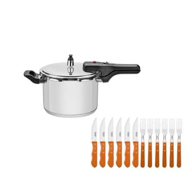 Imagem de KIT - Panela de pressão inox 4,5l Brava + Jogo de Churrasco J.Dynamic 12pçs - Tramontina