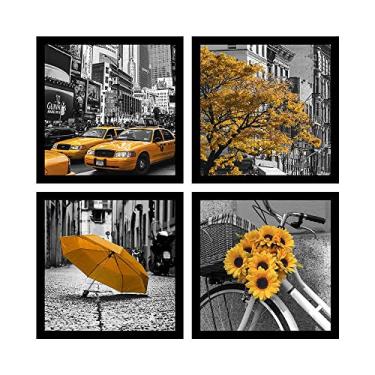 Imagem de Kit 4 Quadros Decorativos 35x35 cm cada com MOLDURA Cidades do Mundo Amarela