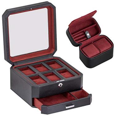 Imagem de ROTHWELL Conjunto de presente com 6 compartimentos para relógio de couro e 2 caixas de viagem para relógios – Organizador de estojo de luxo, forro de microcamurça, suporte de joias masculinas com