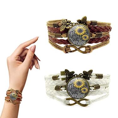 Imagem de 2 peças pulseiras de couro de girassol boho girassol pulseira de couro envoltório de corda trançada artesanal encantos pulseira de girassol pulseira de vários fios pulseiras de couro boêmio presentes