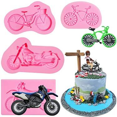 Imagem de ywzbomoldrm Moldes de silicone de chocolate para motocicleta, 4 peças, molde de fondant de bicicleta para decoração de bolos, açúcar doce, topo de cupcake, picolé, festa de aniversário com tema