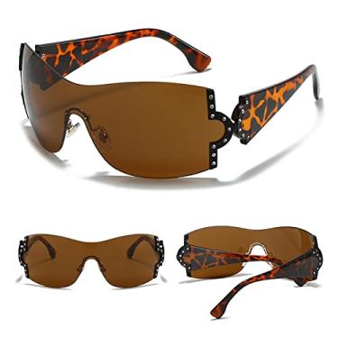 Imagem de Óculos de sol sem aro de strass de uma peça, óculos de sol, óculos de sol superdimensionados, óculos de moda sem moldura, c2 leopardo marrom, tamanho único