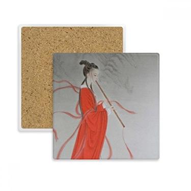 Imagem de Porta-copos quadrado de pintura chinesa de beleza vermelha com suporte de subplaca para caneca com pintura chinesa