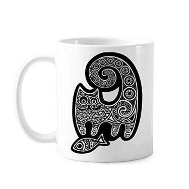 Imagem de Caneca preta branca com estampa de peixe de gato xícara de cerâmica café porcelana louça
