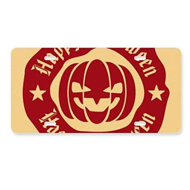 Imagem de DIYthinker Placa de licença de abóbora de Halloween com padrão redondo vermelho acessório de aço inoxidável para decoração de carro