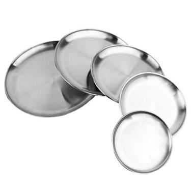 Imagem de CLISPEED 5 Unidades placa de piquenique conjunto de pratos sousplat redondo prato de doces prato de comida de aço inoxidável porta lanche placa redonda de aço inoxidável churrasco talheres