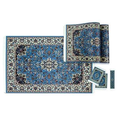 Imagem de Conjunto de tapete oriental individual barroco real, 6 peças, mini conjunto de tapetes turcos persas com franjas, 1 corredor, 2 tapetes de mesa de tecido de tecido, 2 porta-copos, 1 marcador, azul