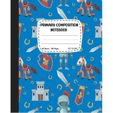 Imagem de Caderno de composição principal: diário de histórias com espaço para imagens e linha média pontilhada com cavaleiros medievais e castelos design de capa para crianças K-2