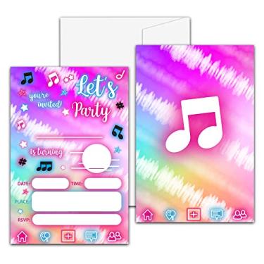 Imagem de Convite para festa de aniversário com tema musical, notas musicais, convites de preenchimento neon para adolescentes meninos e meninas, 20 convites com envelopes (10 x 15 cm), decorações e suprimentos