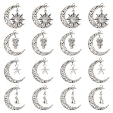 Imagem de KISSITTY 20 berloques de lua estilo tibetano, pingentes de metal oco com estrela do sol, coruja em forma de carro, pingentes de lua prateados antigos para fazer você mesmo sinos de vento, chaveiros,