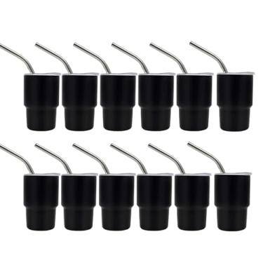 Imagem de BEDAZE Conjunto de copos de dose mini copo de 85 g com palha, sublimação de camada dupla de metal em branco de aço inoxidável com tampas para bebidas de festa, café, coquetéis (12 peças-preto)